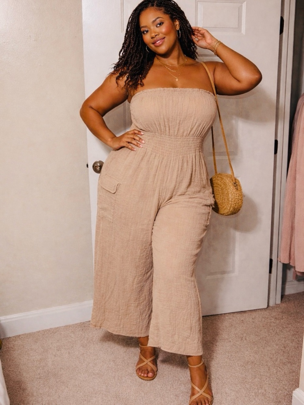 Marshalls Taupe Strapless Smocked Wide-Leg Jumpsuit